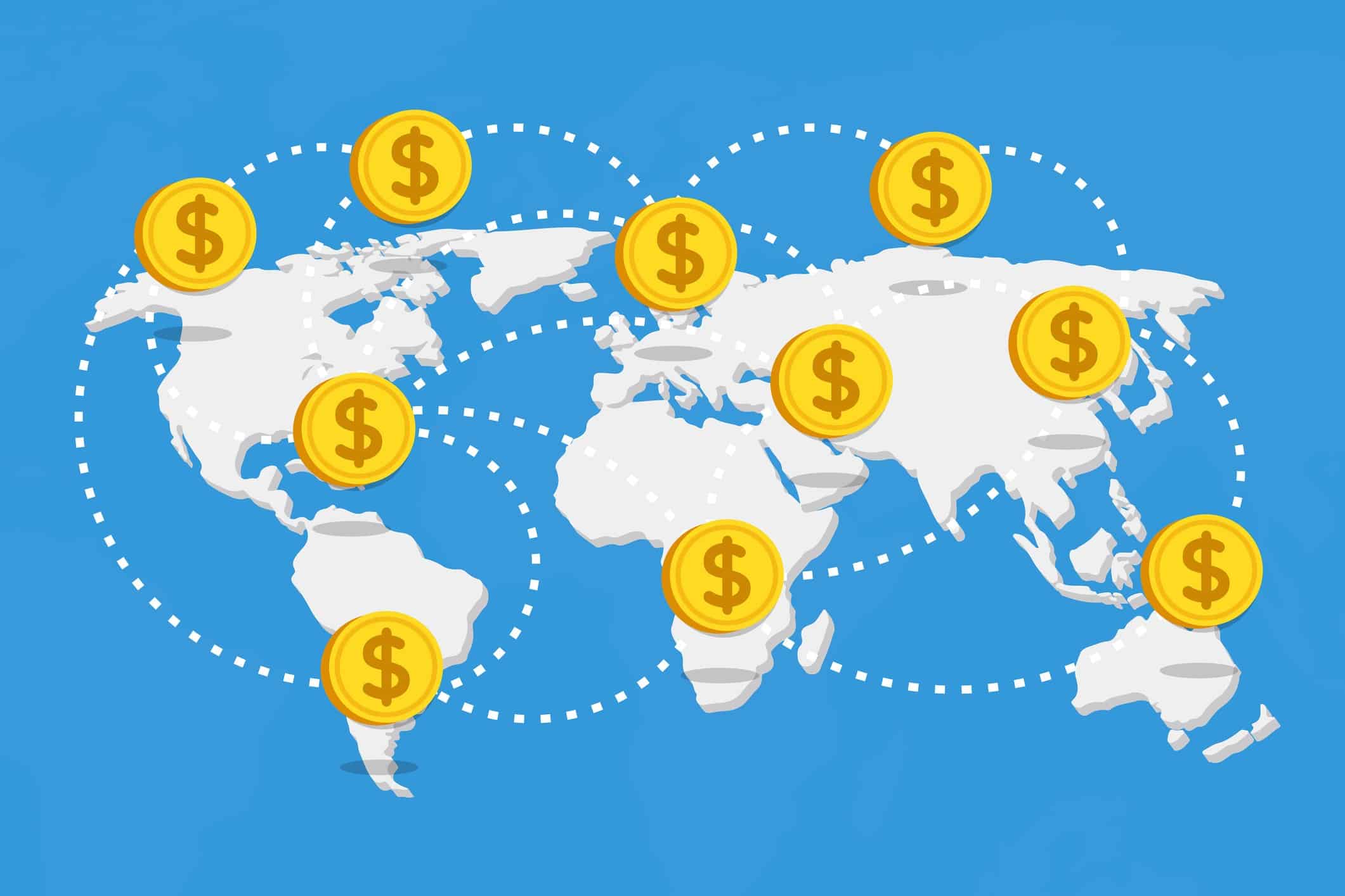 Dibujo de un mapamundi con grandes monedas que representan las economías emergentes