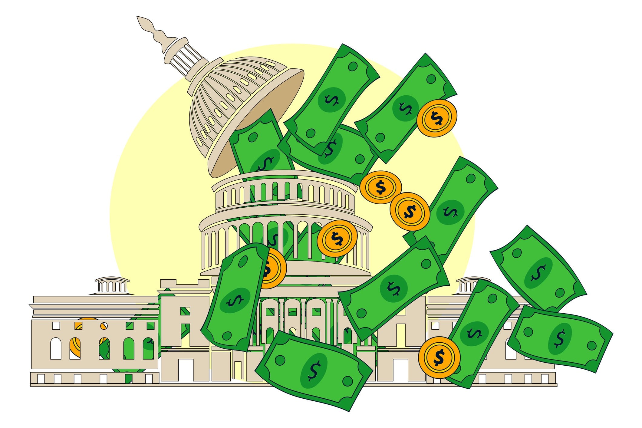 Gráfico de La Casa Blanca, con grandes dólares y monedas saliendo del techo